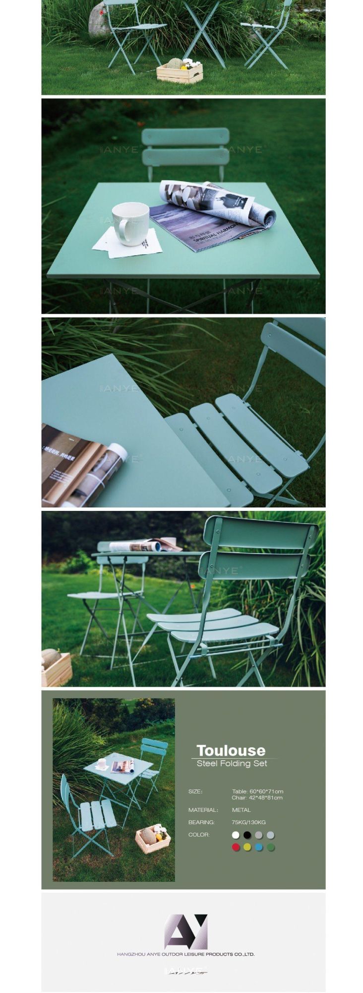 Metal Outdoor Furniture Portable Folding Tea Table and Chair for Villa Resort Casual Furniture