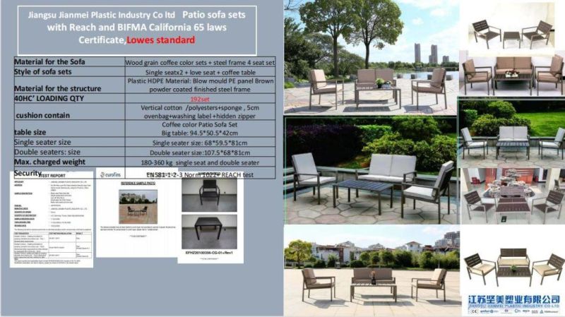 Factory Leisure Hottest Sales European Style Garden Sofa Sets Modern Set in Patio for Hotel Steel Frame PE Table Chair Top in Wood Grain Patio Sofa Set in Villa