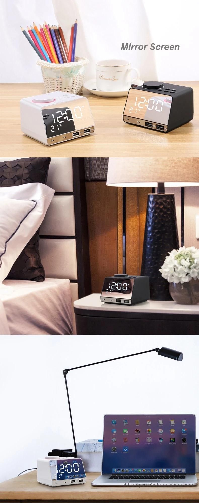 2019 Fashion Desk and Table Clock with Blue Tooth 4.2 MP3 Play and Dual Alarm FM Radio Speaker Dual USB Charging Week and Temperature Display