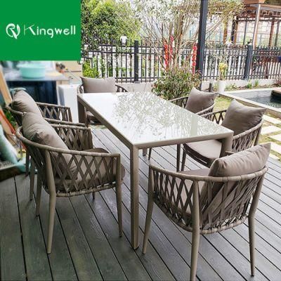 Outdoor Hotel Garden Aluminum Frame Dining Table and Weaving Rope Chair Furniture with Waterproof Cushion