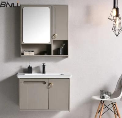 European Style 32 Inches PVC Bathroom Cabinet with Smooth Single Ceramic Basin