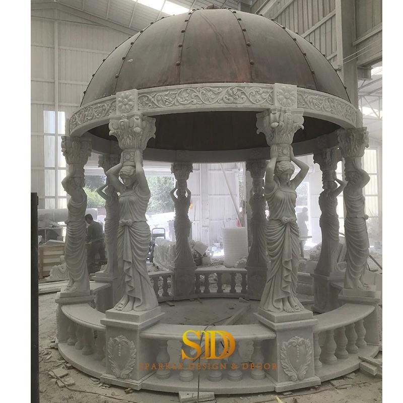 European Style Hand Carving White Marble Gazebo Marble Pavillion with Top Dome for Garden Decoration