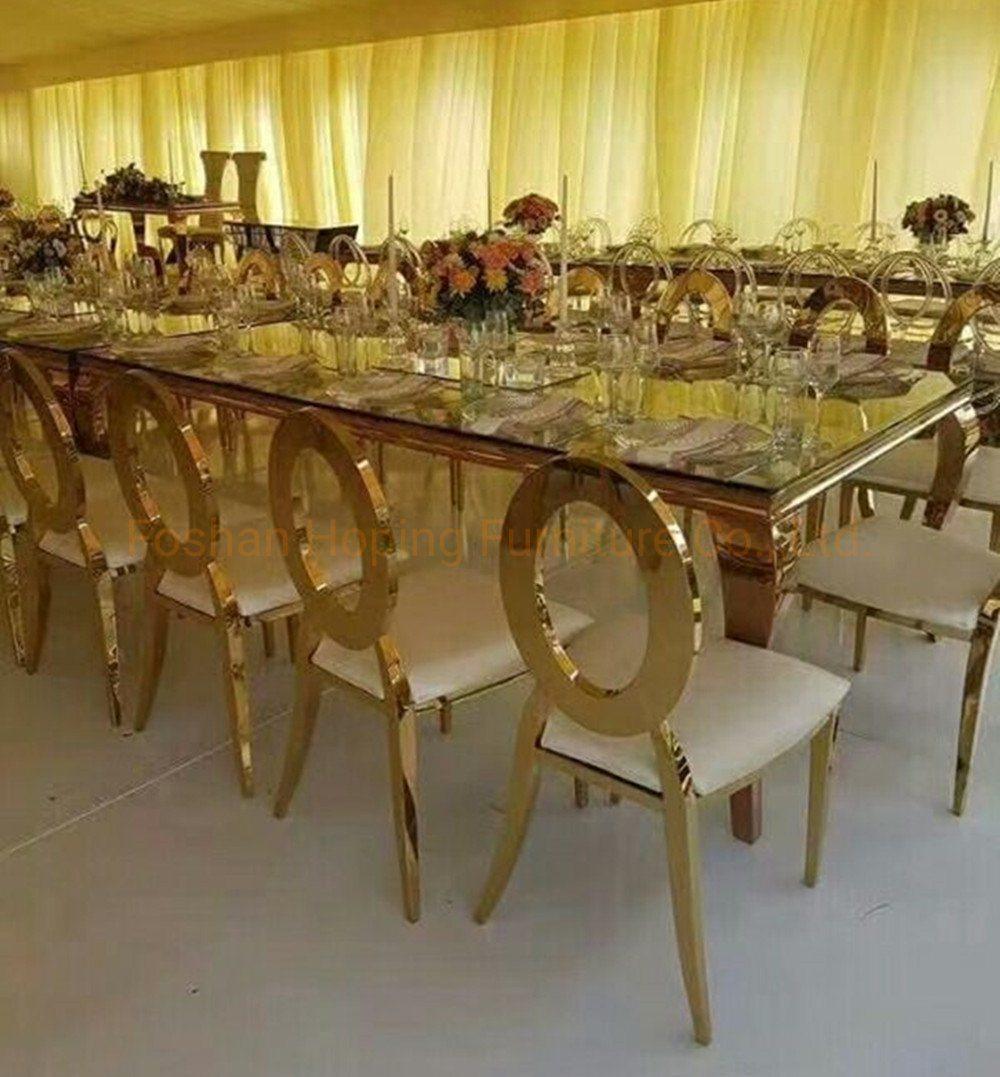 European Modern Party Event Rental 12-Seater Table Chairs Wedding Restaurant Furniture Stainless Steel Back Chair Leather Cushion Wedding Chair