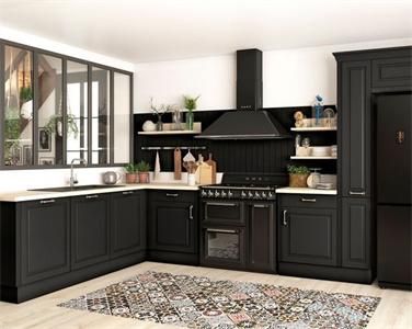 Classic High Quality Practical Waterproof L Shape Black Oak Solid Wood Kitchen Cabinet