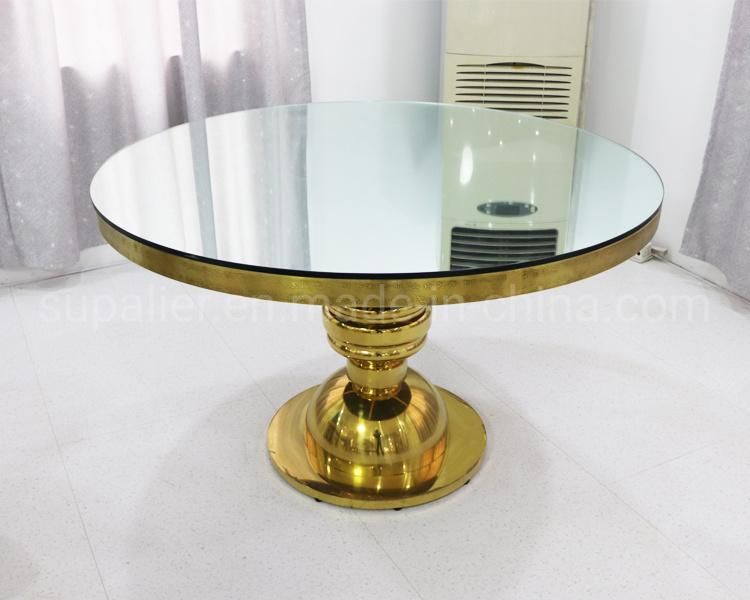 European Style Round Mirror Glass Top Dinner Table Of Metal Base