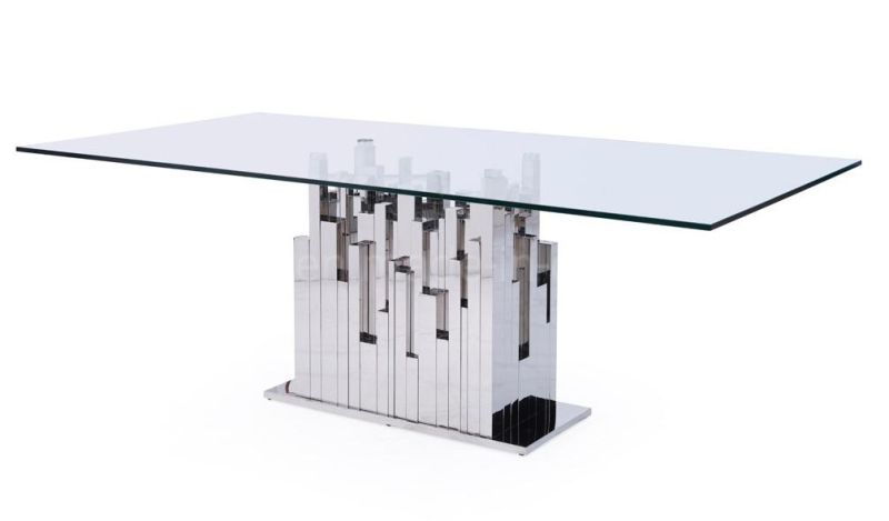 Modern Silver Metal Chromed Stand Clear Tempered Glass Dining Table