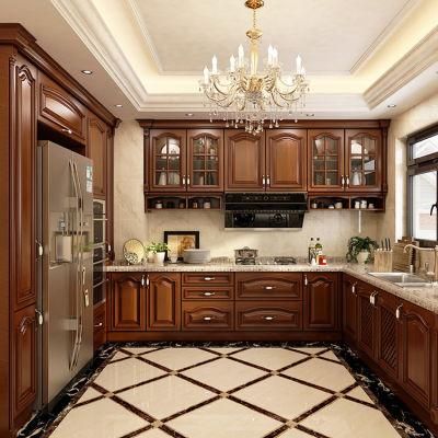 Foshan Furniture Manufacturers European Style Cabinets Set Pre Assembled Mahogany Wooden Kitchen Cabinet with Appliances