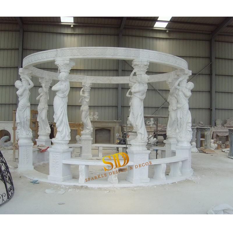 Middle Size European Hand Carved White Marble Gazebo with Iron Top for Garden Decor