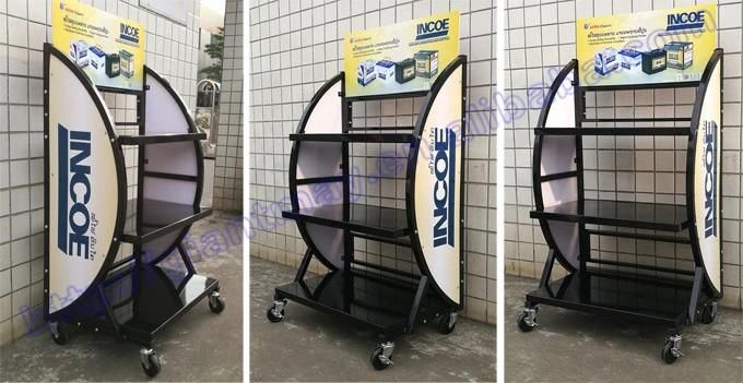 High Quality Car Battery Metal Display Shelf Stand for Shop with Wheels