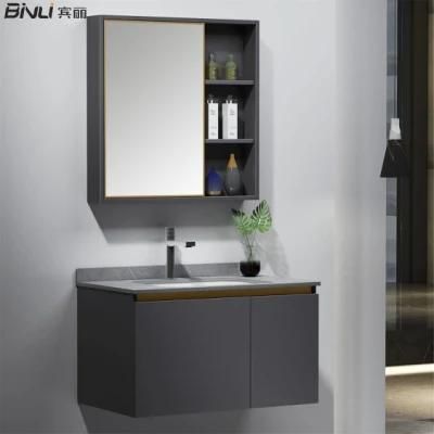 European Style Stainless Steel Bathroom Furniture Grey Wall Mounted Single Sink Vanity Cabinet with Mirror