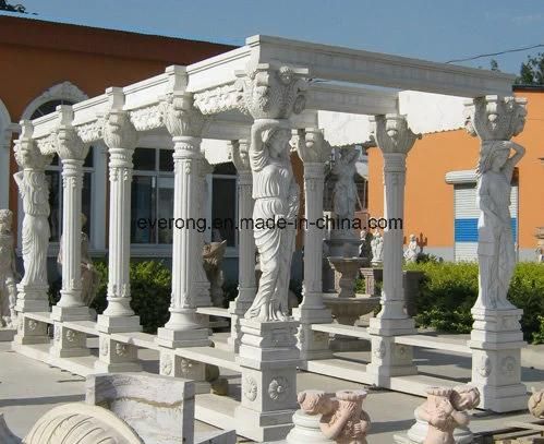 Antique Sunset Red Marble Hoxegon Pavilion with Roman Pillars Carving
