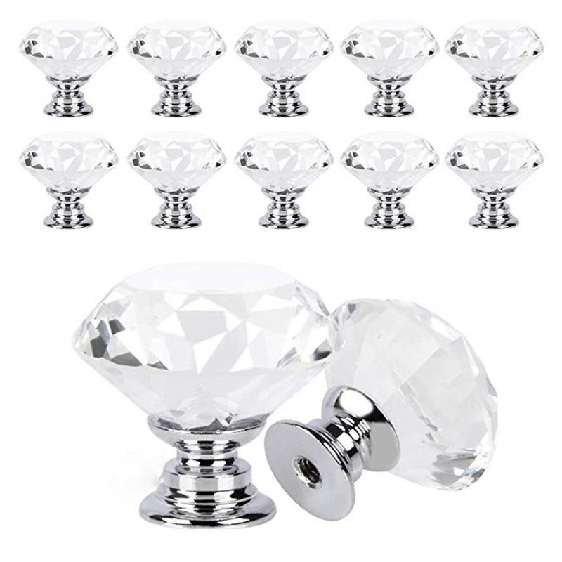 Modern European Furniture Fitting Single Hole Cabinet Drawer Door Zinc Alloy Crystal Diamond Knob Glass Door Pull Handle Kitchen Cabinet Handles Diameter 30mm