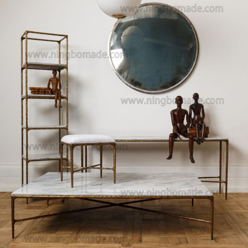 Rustic Hand Hammered Collection Furniture Forged Solid Iron Metal with Brass Color White Line Small Bed End Stool