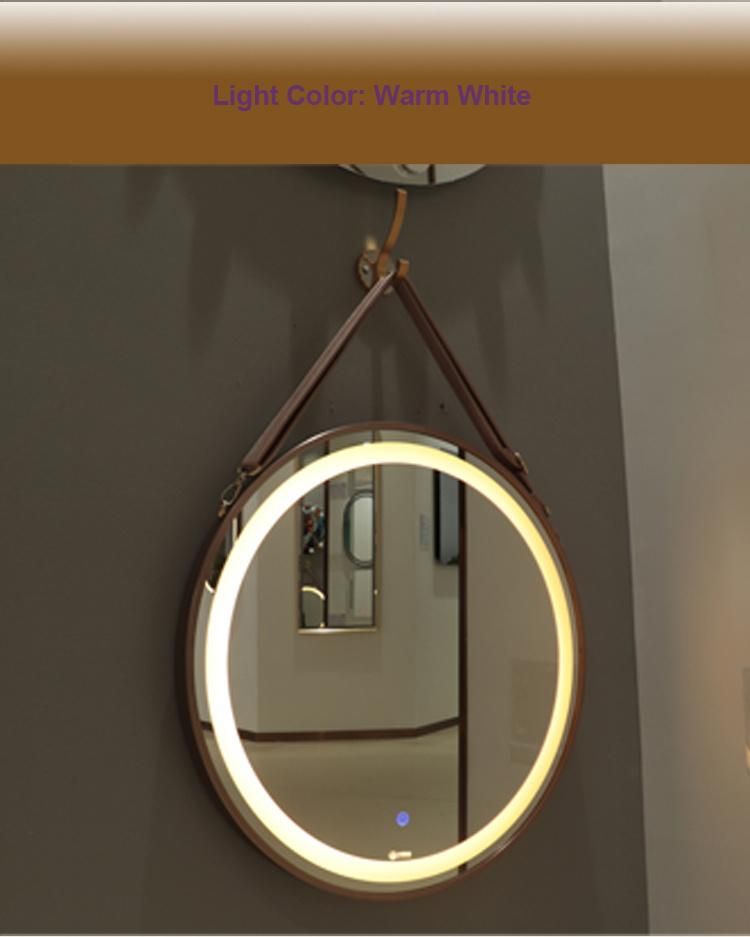 Salon Mirror LED Light Decorative Gold Round Wall Framed Mirror with Hanging Belt