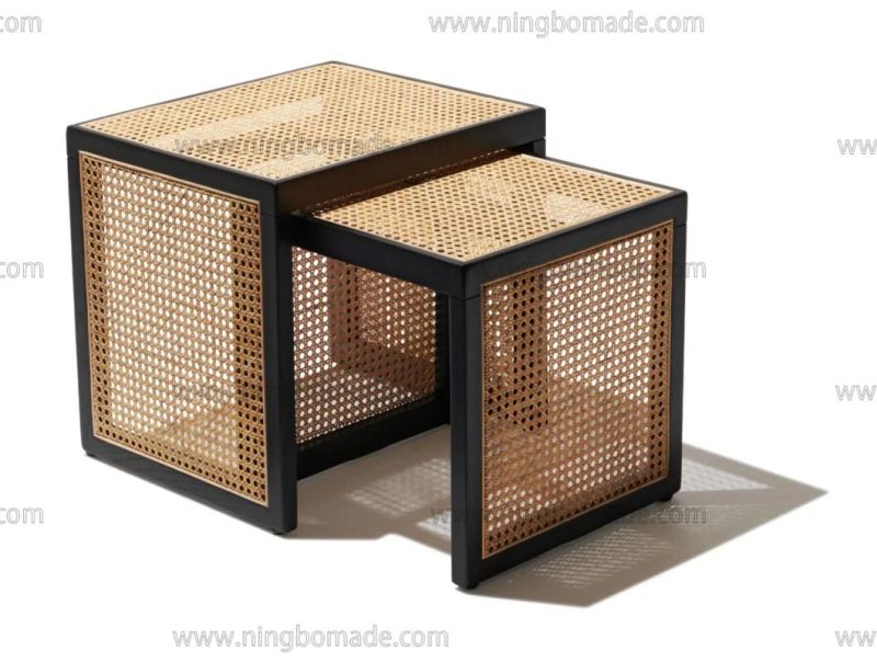 Elegant Rattan Upholstery Furniture Black South Elm and Nature Rattan Nest of Table
