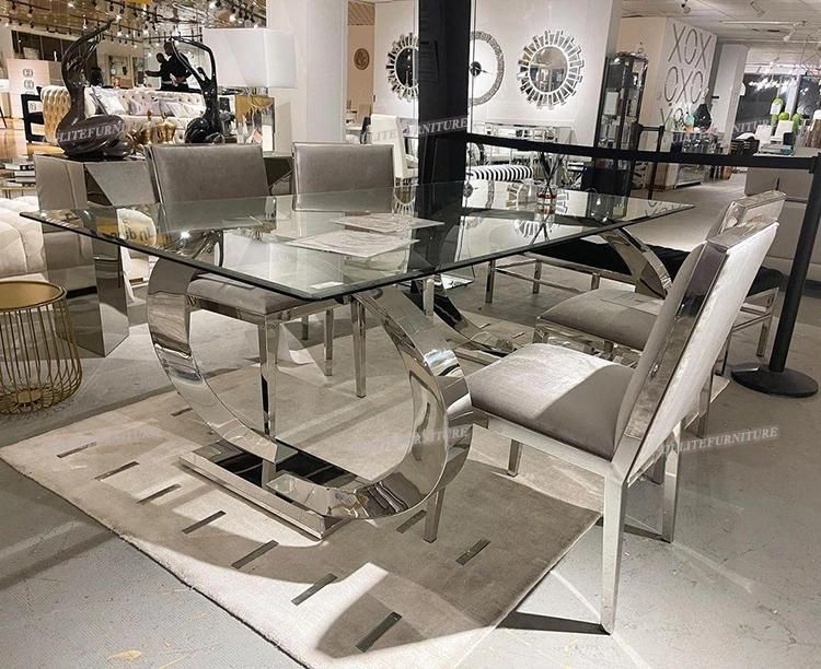 Rectangle Glass Top Metal Legs Dining Table Set for Home