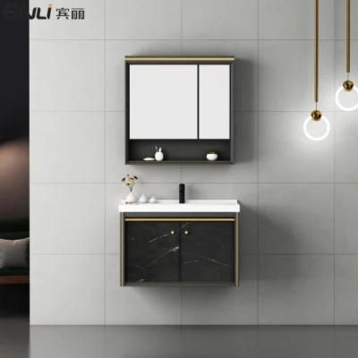 European Style Black Luxury Used Bathroom Aluminum Vanity Cabinets with Single Sink, Makeup Mirror