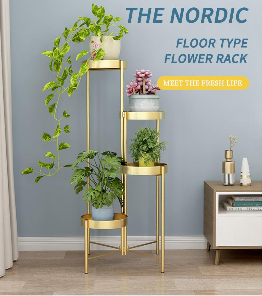 Contemporary Living Room Floor Shelf Marble Golden Metal Flower Stand