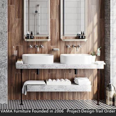 Vama European Hotel Natural Carrara Marble Separate Countertop and Shelf Bathroom Vanity Set Combo