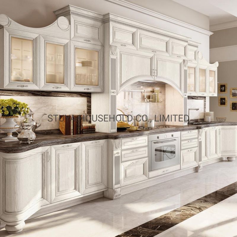 Classical European Style Kitchen White Color Roman Pillars L Shaped Solid Wood Kitchen Cabinet