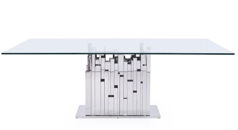 Modern Silver Metal Chromed Stand Clear Tempered Glass Dining Table