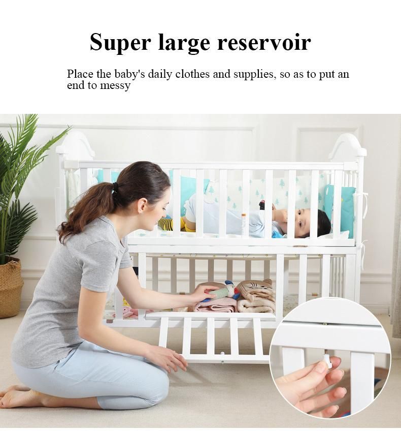 White Color Solid Pine Wood Multifunctional Extendable Baby Crib /Height Adjustable Baby Cot