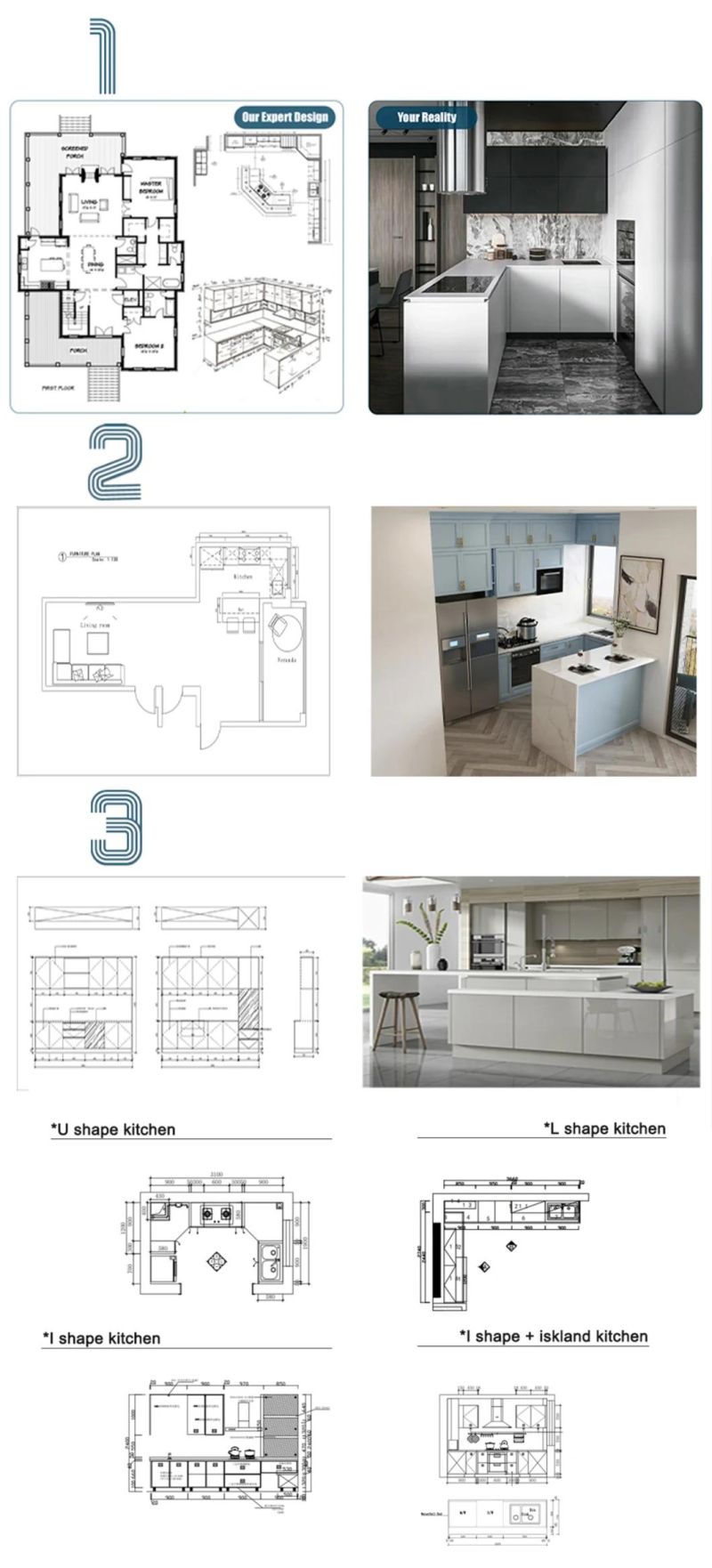 White European Style Bespoke Ready Assemble Modular Islands Handless Cheap Modern Custom Kitchen Cabinet