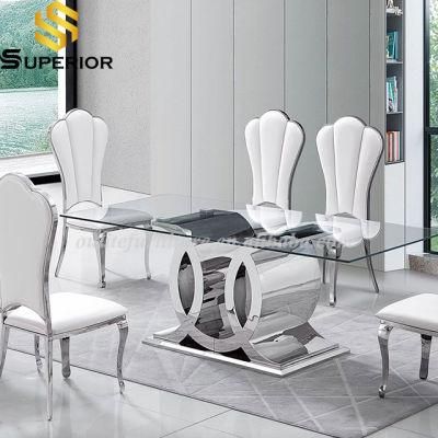 Contemporary Stainless Steel Glass Top Dining Table with 6 Seater