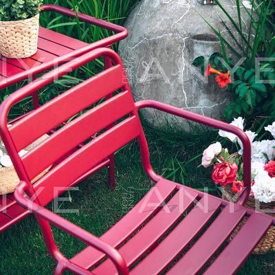 Outdoor and Indoor Durable Red Lounge Chair Metal Stackable Garden Dining Armchair