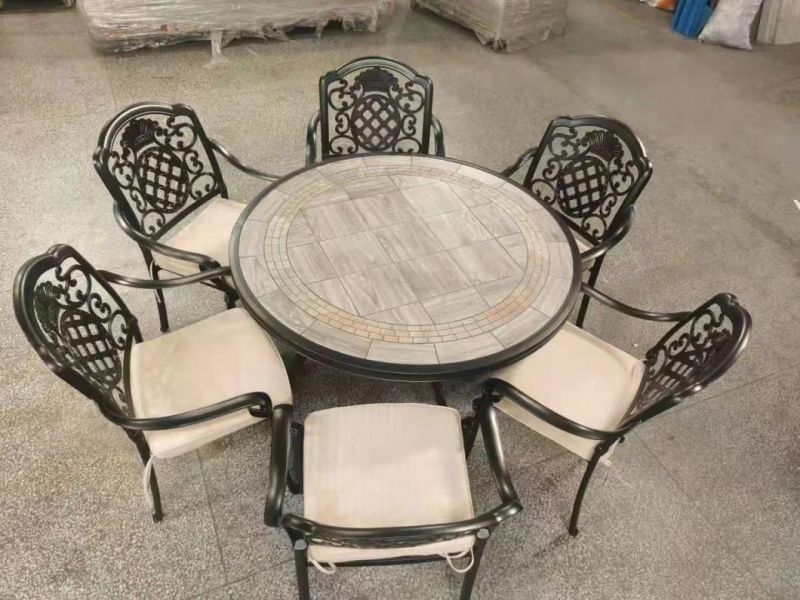 Backyard Balcony Furniture Garden Table Set, Outdoor Cast Aluminum Marble Square Table with Chairs