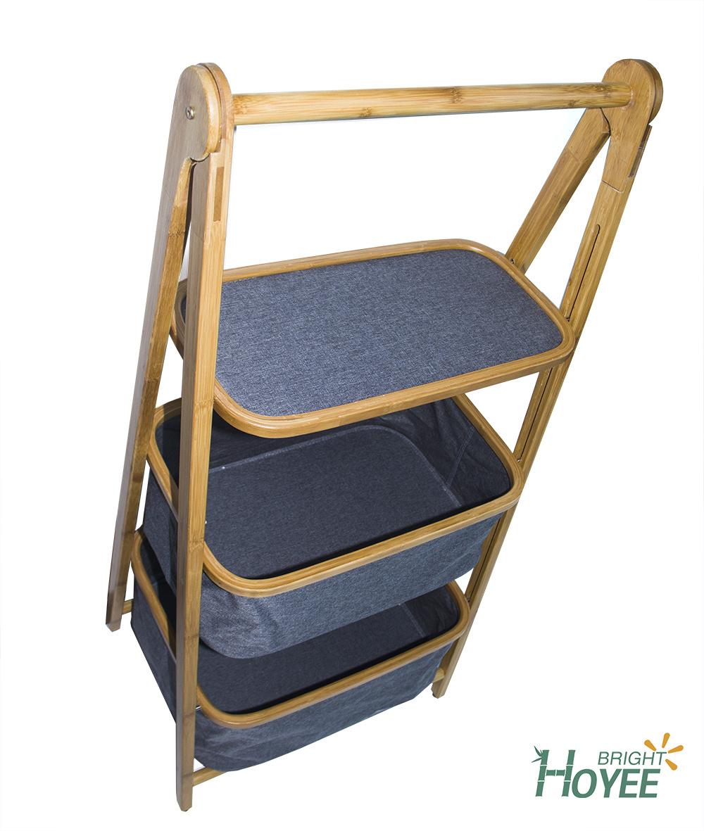 Foldable Bamboo Bathroom Shelf with 1 Shelf 2 Baskets, Storage Display Shelving Unit
