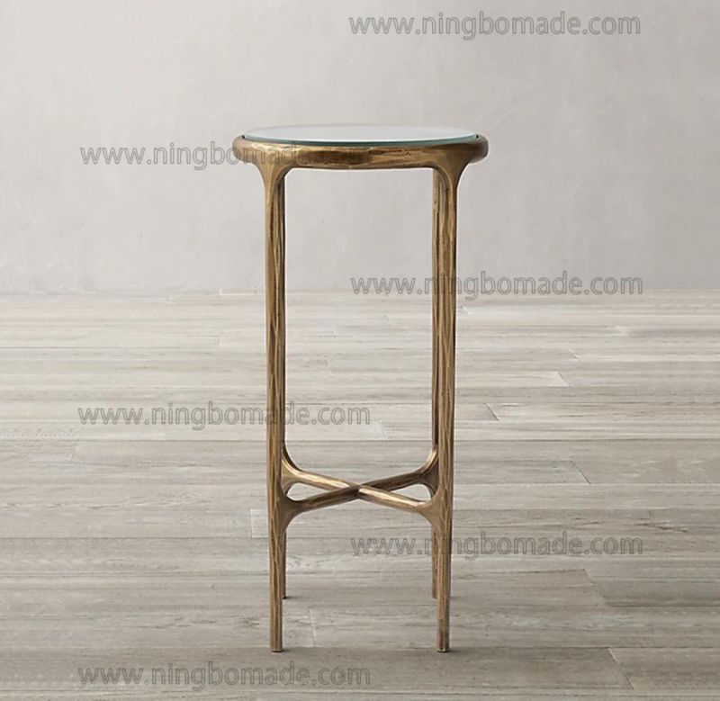 Rustic Hand Hammered Collection Furniture Forged Solid Iron Metal with Brass Color Thick Tempered Glass High Round Side Table