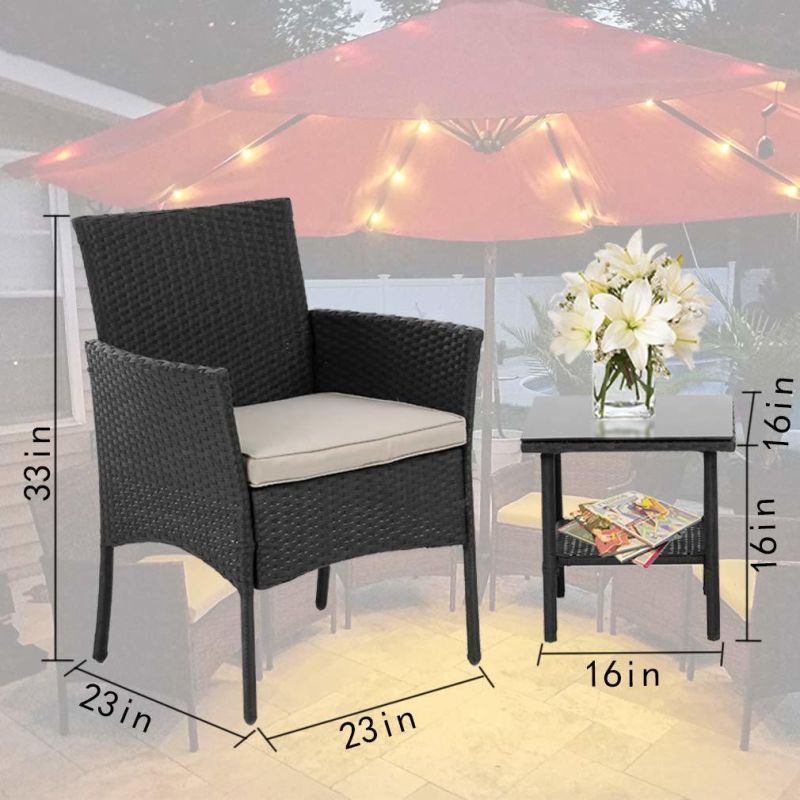 Outdoor Furniture Patio Sofa Set Wicker Rattan Sectional 3PCS Garden Conversation Set with Cushion and Tempered Glass Tabletop for Yard