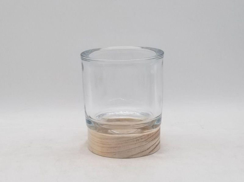 Glass Candle Holder with Various Pattern with Wood at The Bottom