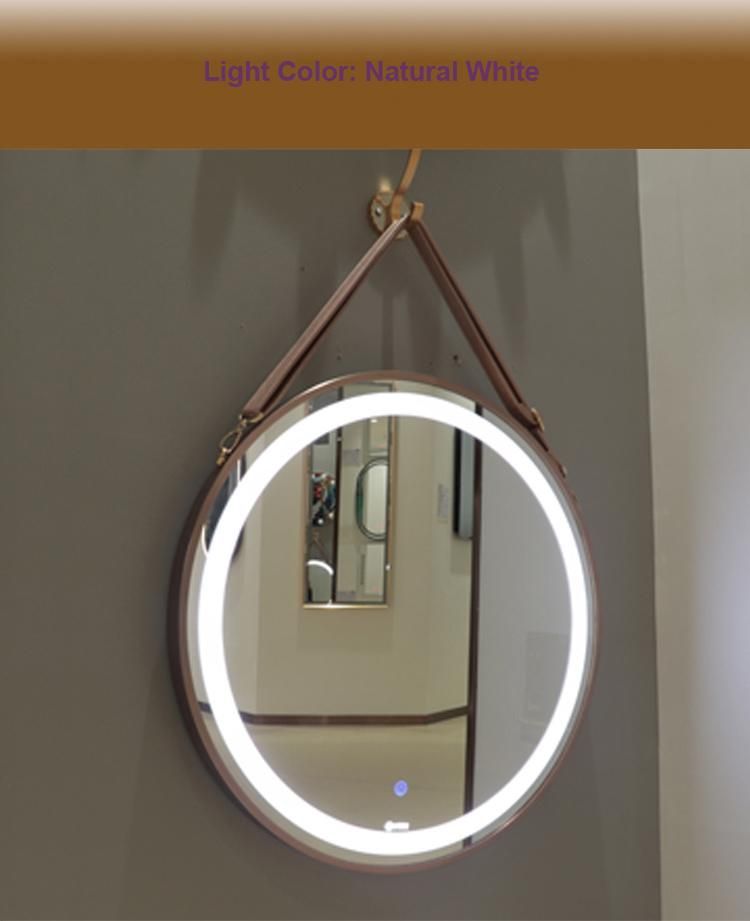Salon Mirror LED Light Decorative Gold Round Wall Framed Mirror with Hanging Belt