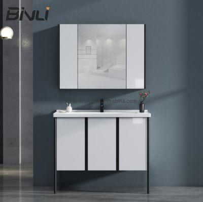 European Style Floor Standing Wood Bathroom Vanity Cabinet with Ceramic Basin Mirror Cabinet