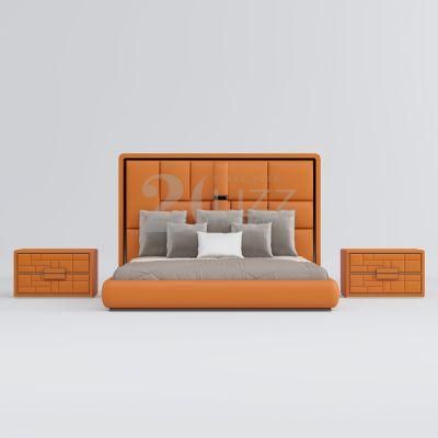 European Modern Luxury Geniue Leather Double King Size Bed with Nightstands Solid Wood Bedroom Furniture