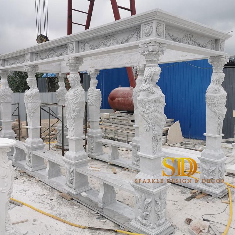 Rectangle Shape European Hand Carved White Marble Gazebo for Sale Large Marble Carving Pavillion for Garden Decortion