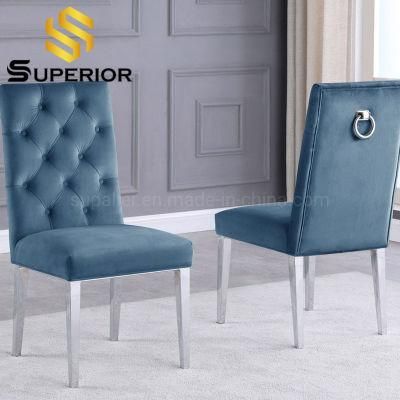 European Style Hotel Stainless Steel Leg Blue Velvet Dinner Chairs
