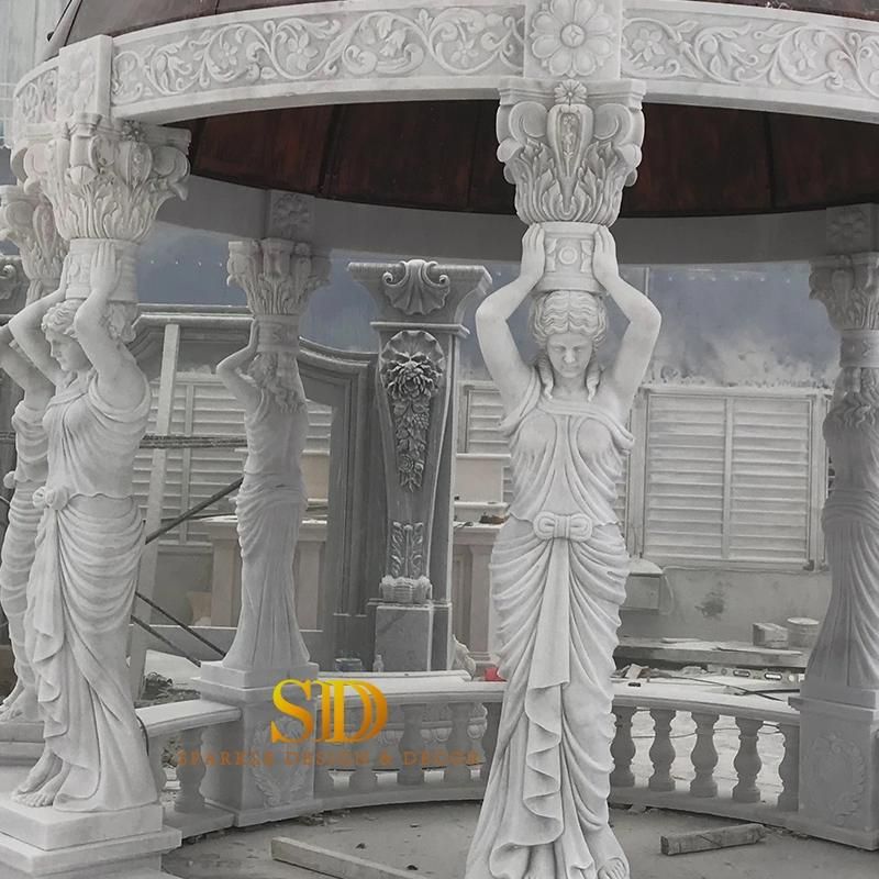 European Style Hand Carving White Marble Gazebo Marble Pavillion with Top Dome for Garden Decoration