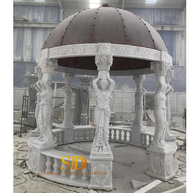 European Style Hand Carving White Marble Gazebo Marble Pavillion with Top Dome for Garden Decoration