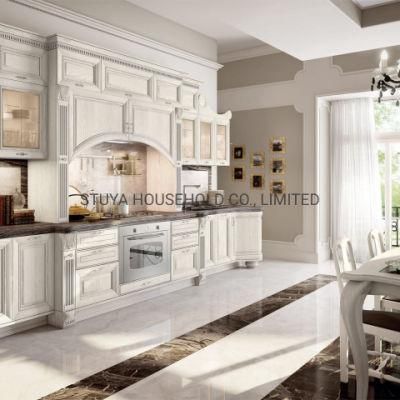 Classical European Style Kitchen White Color Roman Pillars L Shaped Solid Wood Kitchen Cabinet