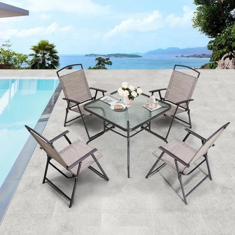 Outdoor Folding Patio Garden 6PCS --Table Dining 6 Folding Chairs with Umbrella Set