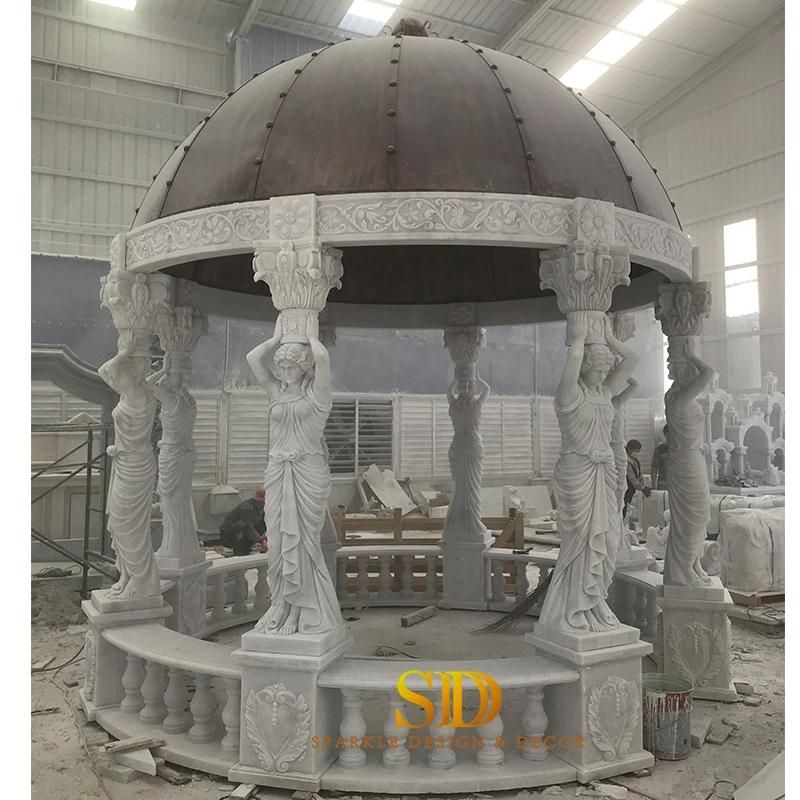 European Style Hand Carving White Marble Gazebo Marble Pavillion with Top Dome for Garden Decoration