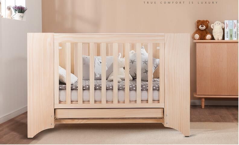 Wooden Baby Crib Multifunctional Non Painted Solid Wood Modern Style