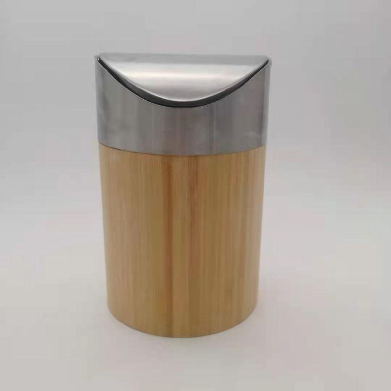Bamboo Wood Desktop Trash Can with Rolling Cover Small Dustbin