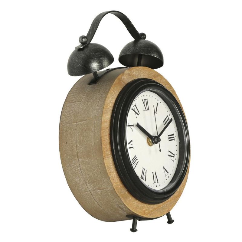 Wooden Table Clock with Small Bells for Home Decor, Alarm Clock Shape with Small Bells Decor Desk Clock