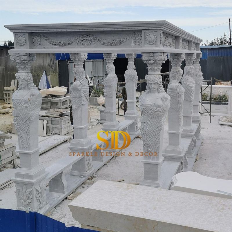 Rectangle Shape European Hand Carved White Marble Gazebo for Sale Large Marble Carving Pavillion for Garden Decortion