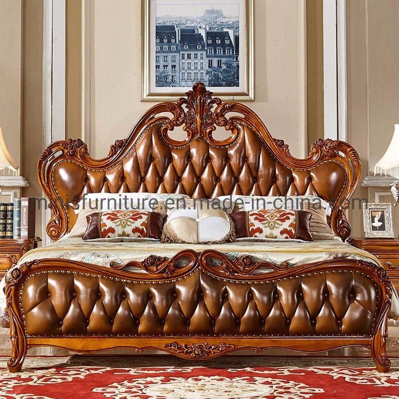 (MN-MB105) Home Furniture European Style Bedroom Luxury Leather Wooden Bed
