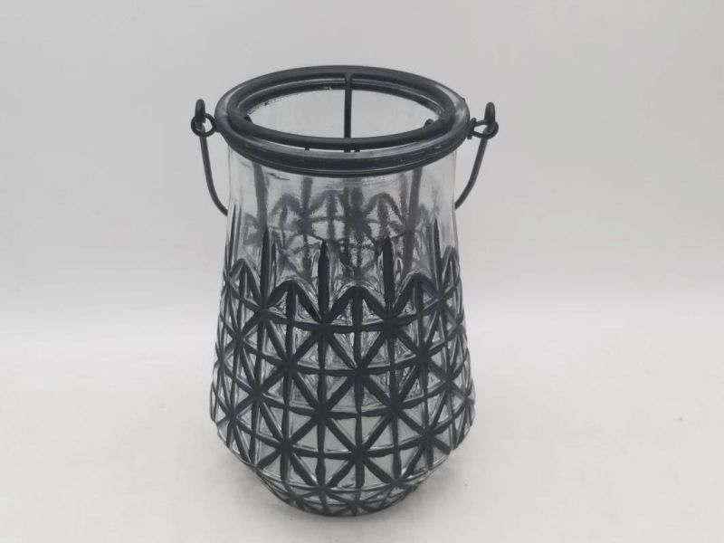 Glass Lantern Candle Holder with Lifting and Iron Shelf Inside